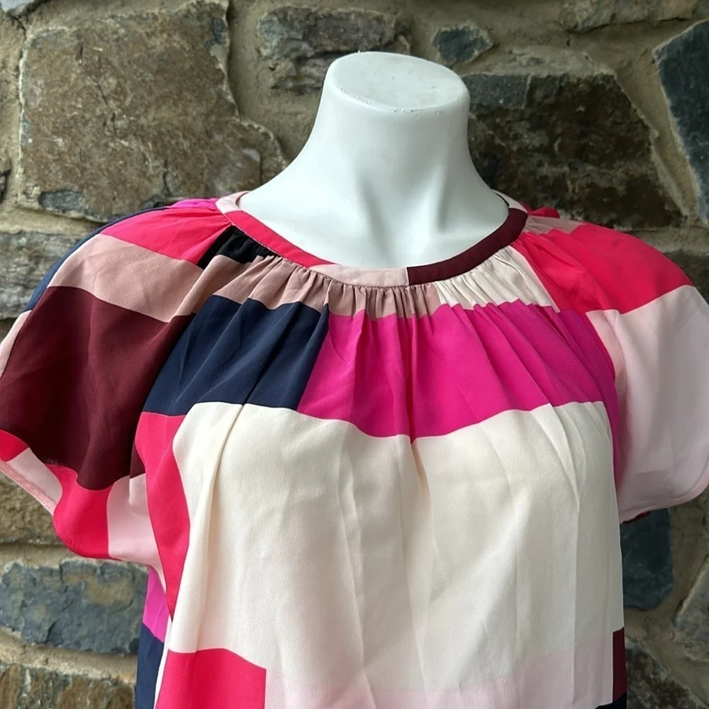 Kate Spade New York Silk Short Sleeve Colorblock Blouse in Pink/Cream Size 0